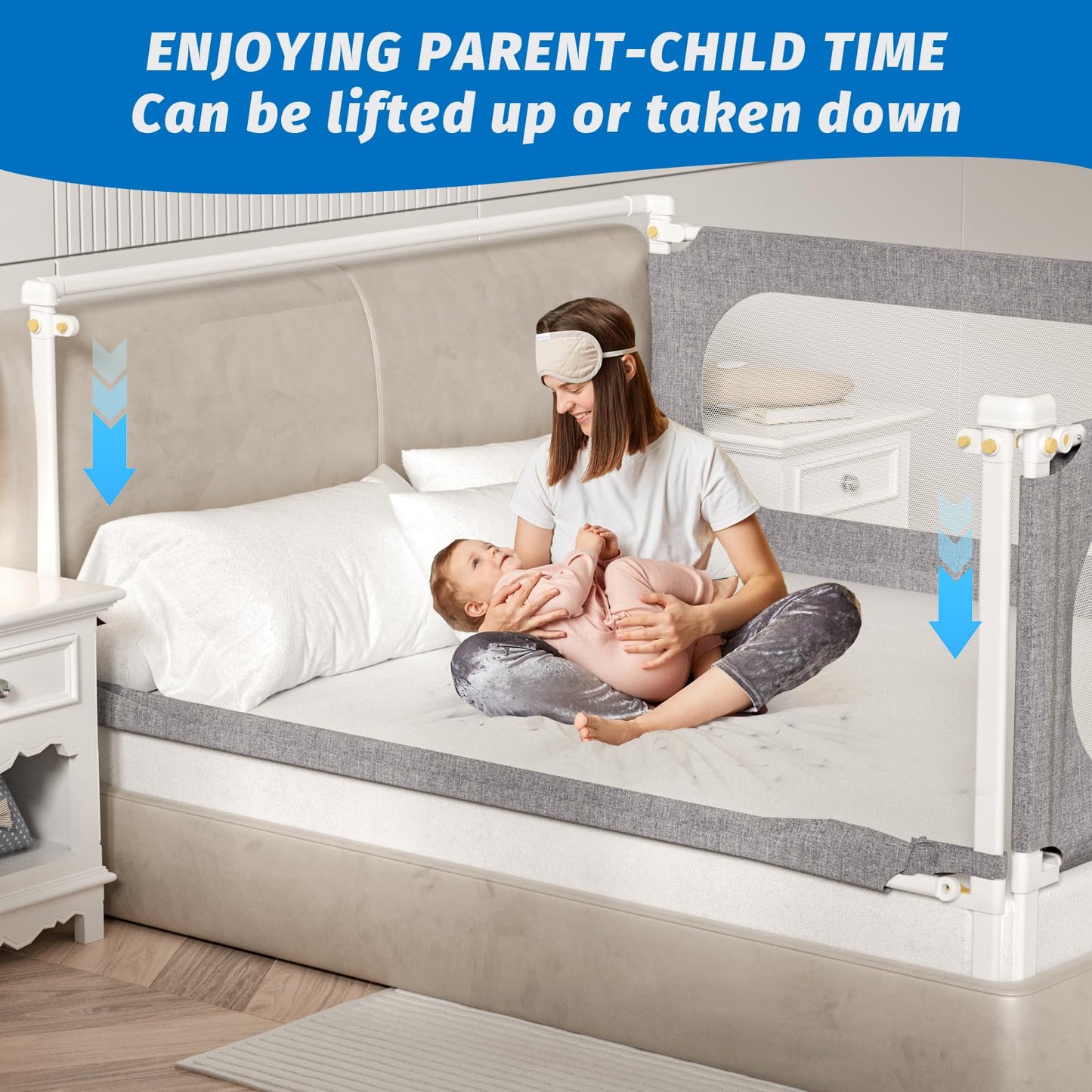 PNXDFC 3-Piece Queen Size Bed Rails for Toddlers, with Headboard Rod -Height Adjustable Baby' Safety Bed Rails Guard for Queen Size Bed(3Pack 78.7"x78.7"x59"-Gray)