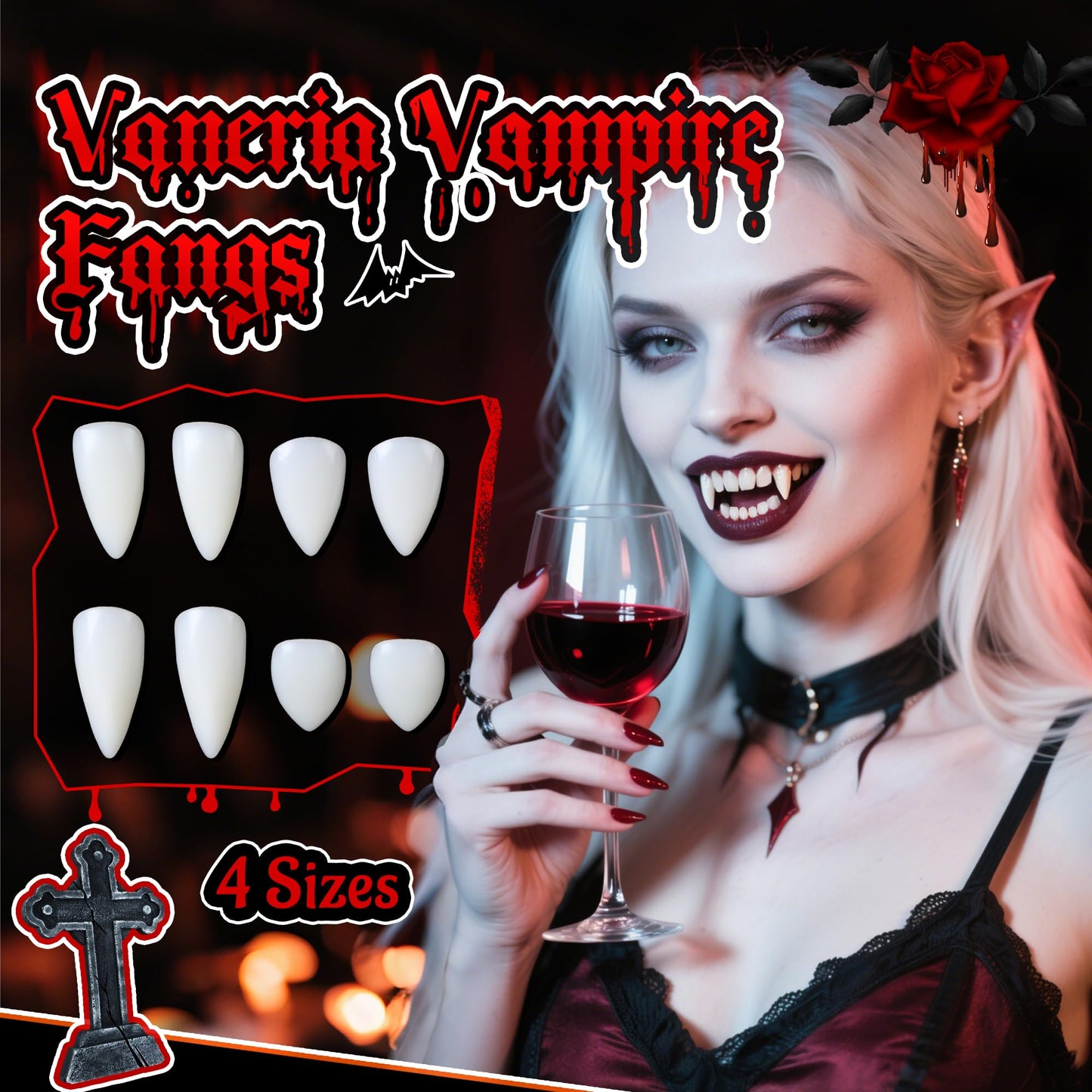 VANERIA 4 Pairs Vampire Fangs,4 Size Fangs For Cosplay Halloween with Tube Solid Adhesive,Vampire Coffin Gift Box Design,Fake Fangs Vegan/Cruelty Free