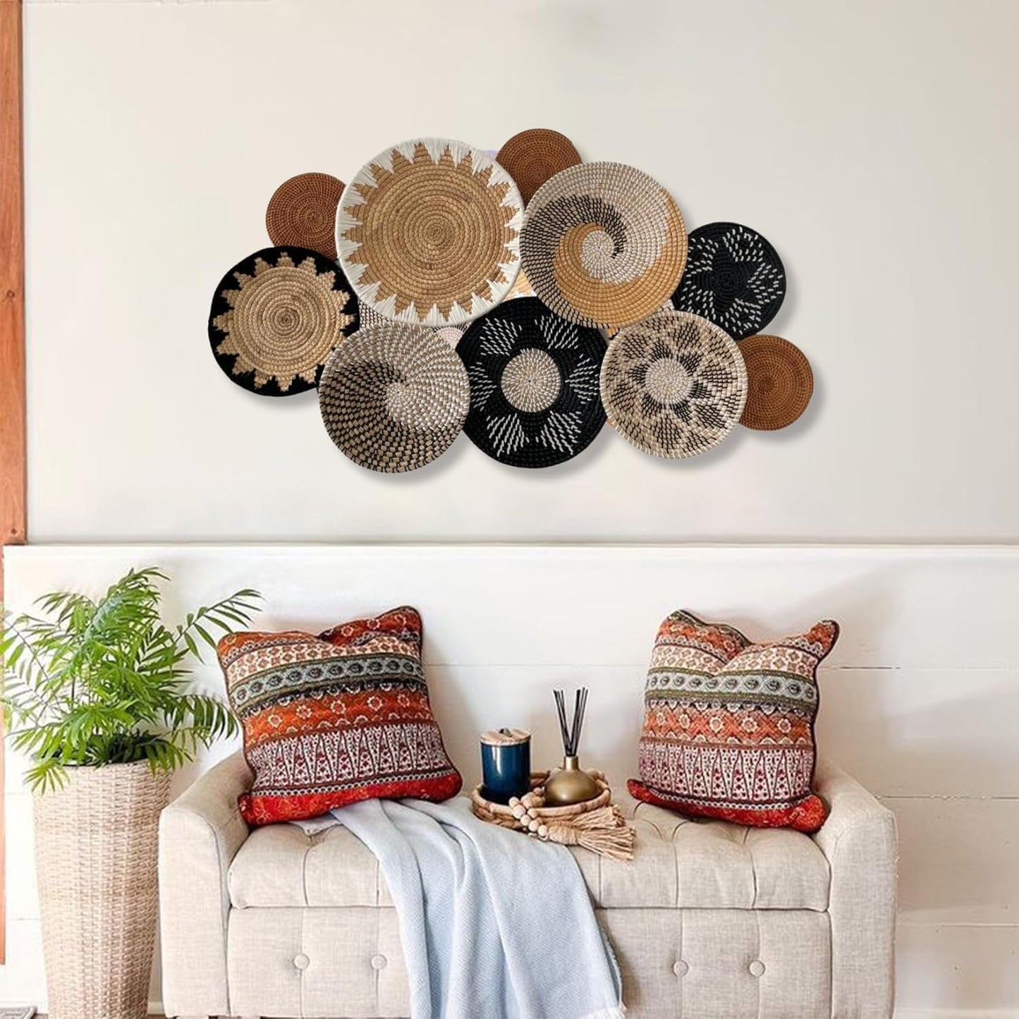 Set of 10 Handcrafted Boho Wall Basket Decor, Wall Hanging Baskets, Decorative Plates for Wall, Handmade from Vietnam Unique Wicker Wall Art Decor