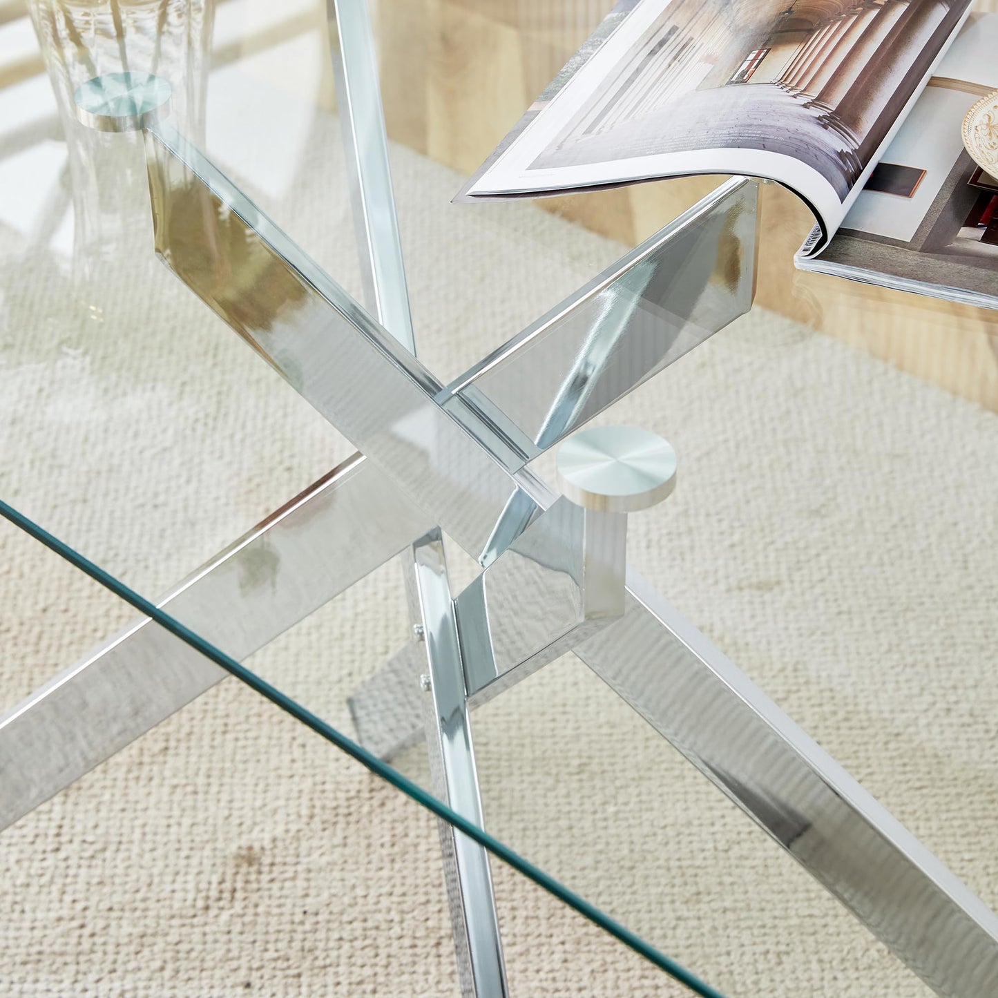 KUVADAZ 51" Rectangle Dining Table for 4 5 6 People, Modern Dining Table with Silver Chrome Metal X-Shaped Legs, Large Glass Kitchen Table Family Dinner Table for Home Office Living Room