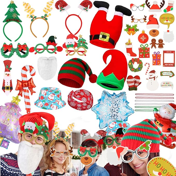 NICOWARM Large Opulent Christmas Photo Booth Props, Xmas Party Supplies, PhotoBooth Props for Xmas, Funny Christmas Hats, ...