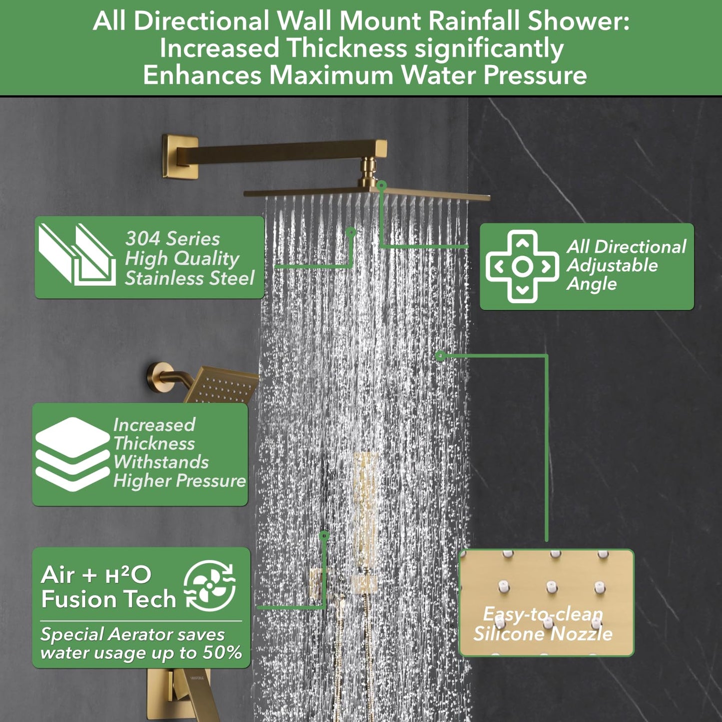 VANFOXLE Shower Faucet Set Brushed Gold Shower System, Push Button Diverter Shower Faucet with 2 in 1 Handheld, Wall Mount 10 Inch Shower Head Increased Thickness with 6 Inch Shower Head