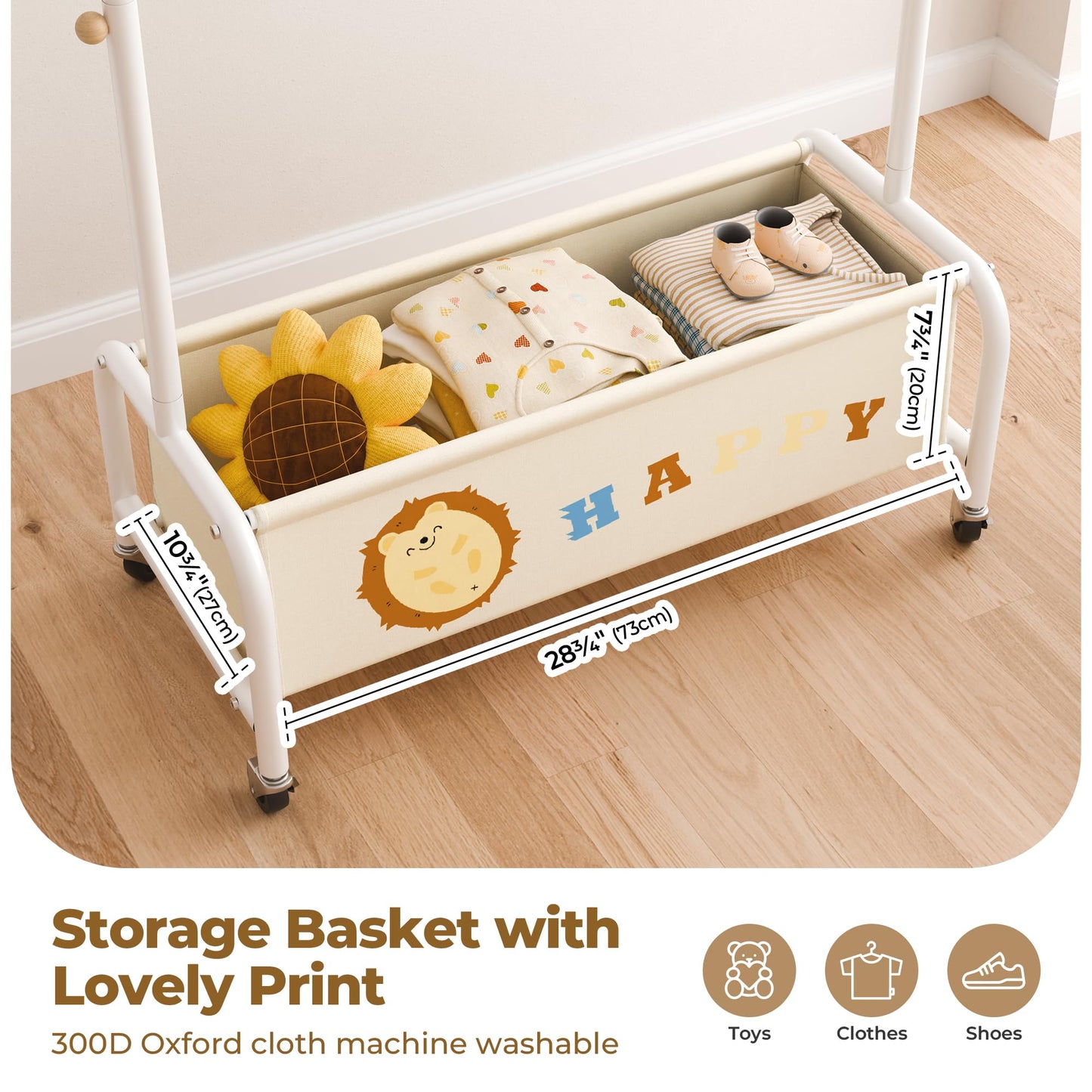GRANNY SAYS Kids Clothing Rack with Basket, Baby Closet Dress Up Storage, Kids Closet Wardrobe, Short Baby Clothes Rack, Toddler Garment Rack for Coats, Dress Up Costumes, Princess Dresses, Beige