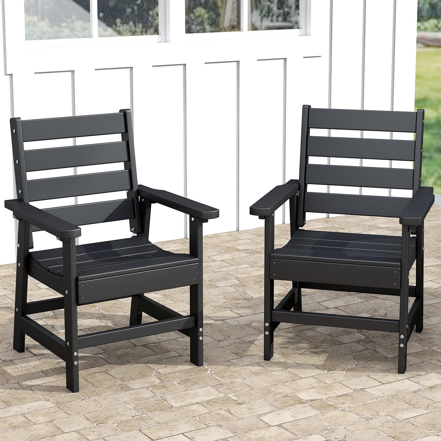 GREENVINES Patio Chair | Outdoor Dining Chairs Set of 2 | HDPE Plastic | Armrests | All Weather | QuadraLuxe | Black | for Backyard Deck Poolside Garden
