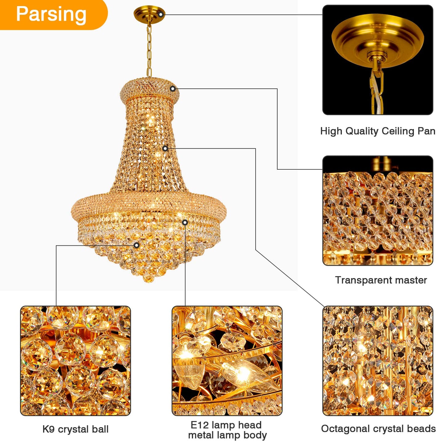 Gifarich Crystal Chandeliers for Dining Room Light Fixture,Empire Style K9 Crystal Chandeliers for Entryway,12 Lights Gold Luxury Lighting Fixtures for Living Room Stairway Bedroom Foyer D22 Inch