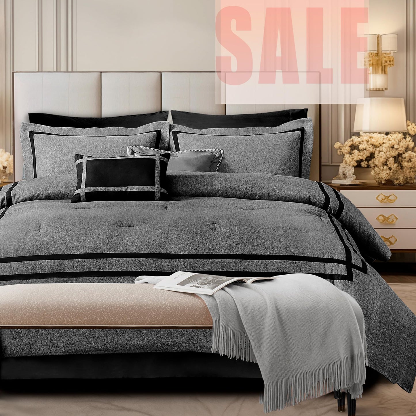 Wonderful Grey Comforter Set Queen,8-Piece Hydro-Brushed Wooly Feel Hotel Style Modern Luxury Bedding Comforter Set with Matching Fitted Sheet,Flat Sheet,Pillow Sham,Decorative Pillows for All Seasons