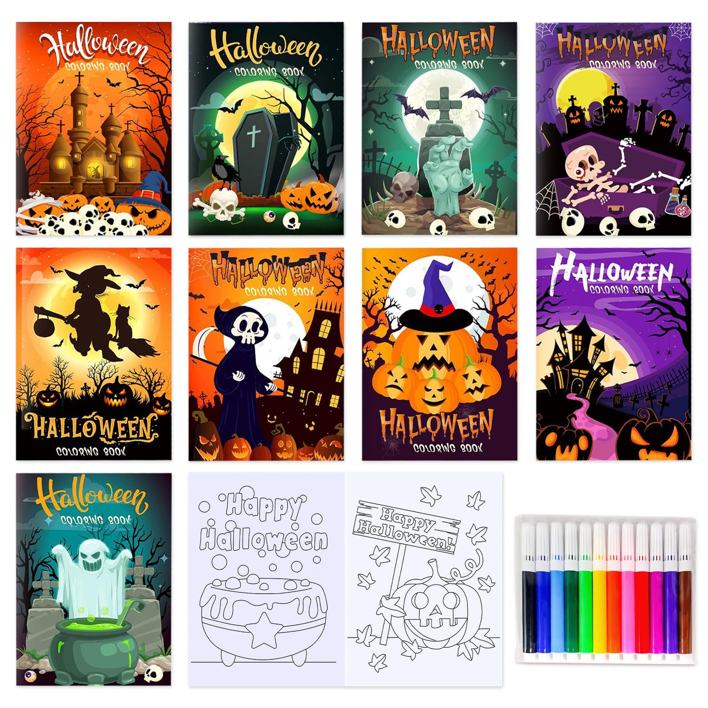 Mini Coloring Books with 9pcs Paint Pens Kids Halloween Books for Children Mini Ghost Pumpkin Coloring Booklet Party Bag Fillers