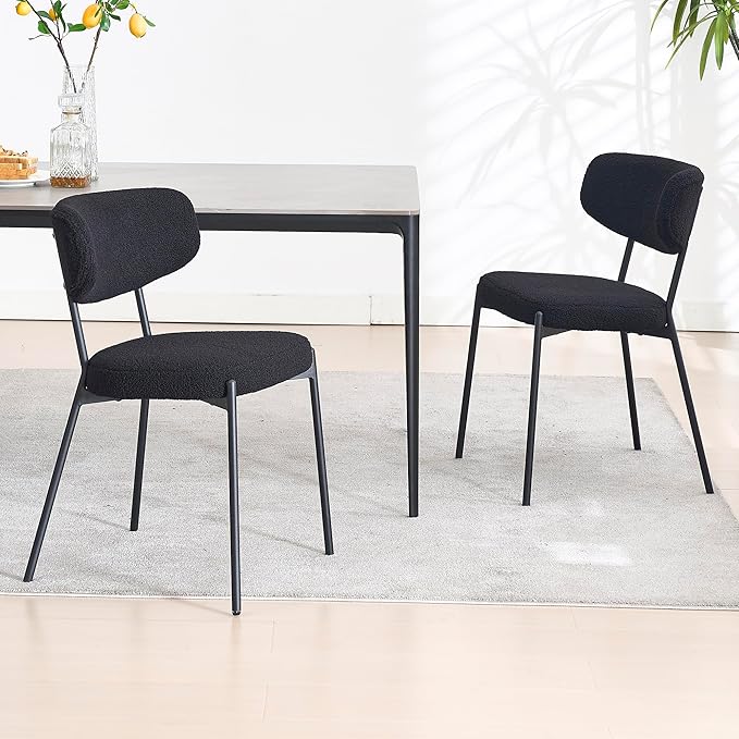 KCC Boucle Dining Chairs Set of 2, Modern Mid-Century Upholstered Stylish Kitchen Chairs Sherpa Accent Diner Chairs with Metal Legs and Curved Back for Kitchen, Dining Room(Black)