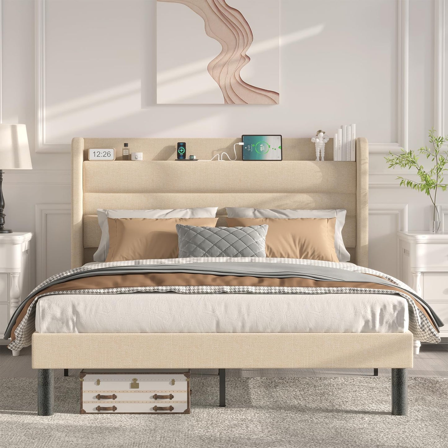 Flolinda Queen Bed Frame with Type-C & USB Ports Upholstered Platform Bed Frame with Wingback Shelf Beige