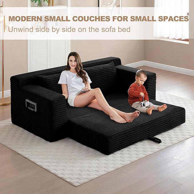 73" Convertible Sofa Bed, 2 in 1 Folding Couch Bed, Boneless Couch in a Box, Cloud Loveseat Sleeper, Fold Out Comfy Floor Futon Sofa with 2 Pillows for Living Room Bedroom, No Assembly (Black, 73")