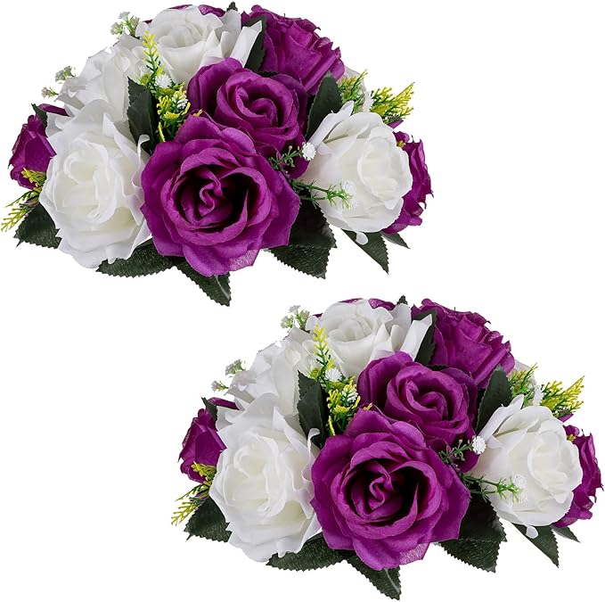 NUPTIO Flower Centerpieces for Wedding Tables: Purple & White Artificial Flower Ball Arrangement for Christmas Thanksgiving Party - 2 Pcs Fake Floral Rose for Bridal Shower Decor