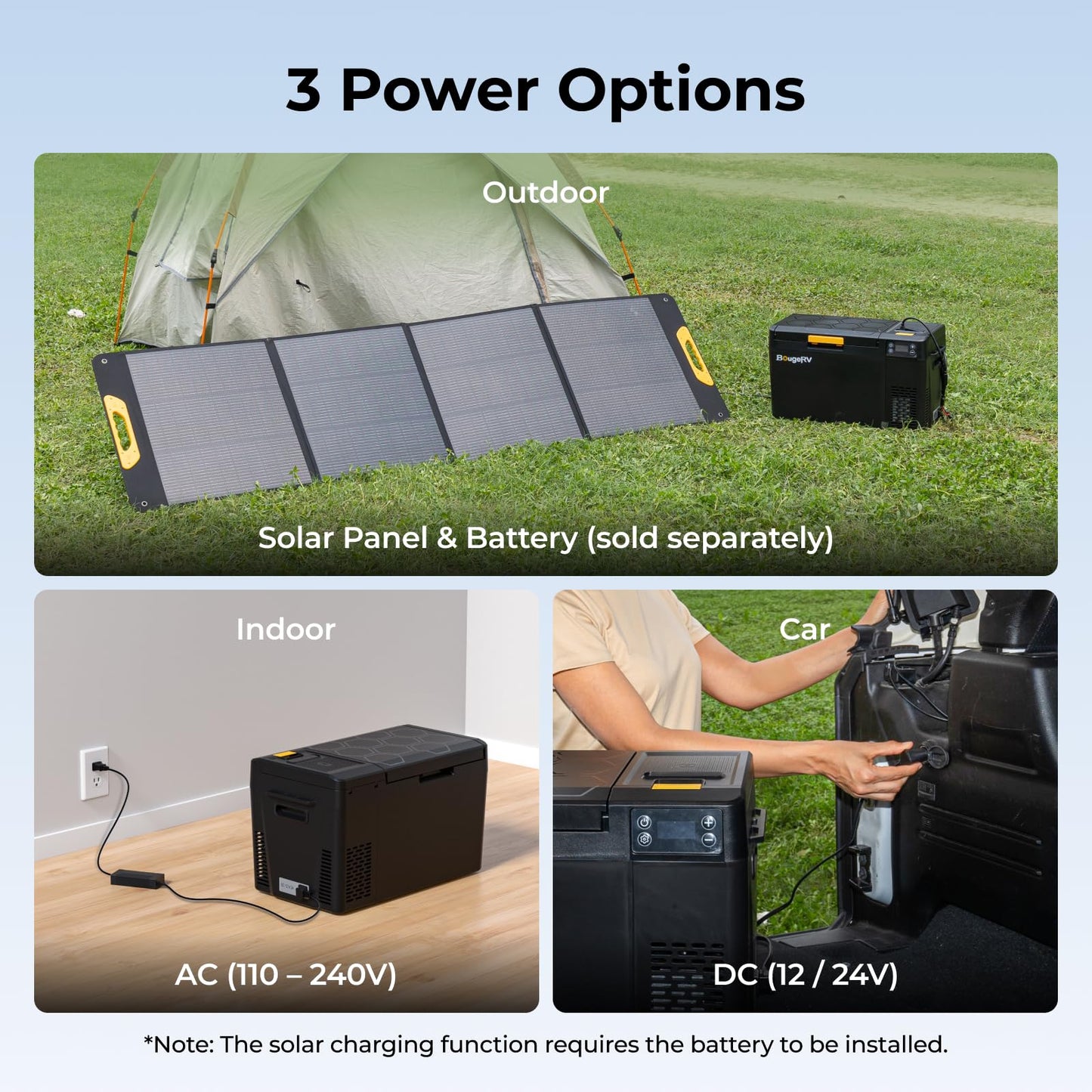 BougeRV 12 Volt Portable Refrigerator, CRX3 23 Quart Car Fridge with 240Wh Detachable Battery, -4℉~68℉ Compressor Electric Cooler with 12V/24 DC, 100-240 AC for Camping Overlanding Truck RV SUV Van