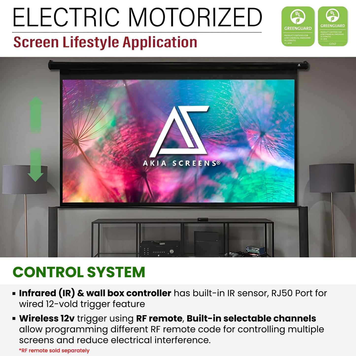 Akia Screens 125-Inch Motorized Projector Screen, 16:9, Electric Drop Down with Remote, Wall or Ceiling Mount, 4K/8K Ready, AK-MOTORIZE125H2.