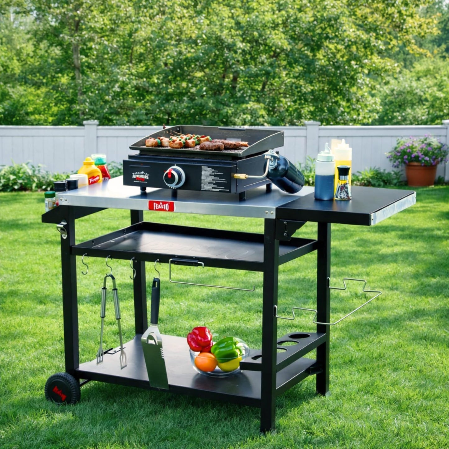 Feasto Outdoor Grill Table Cart, Pizza Oven Stand for Outdoor Indoor, 50" x 22" Stainless Steel Tabletop Dining BBQ Grill with Wheels for Food Prep, 3-Shelf Kitchen Cart with Cover