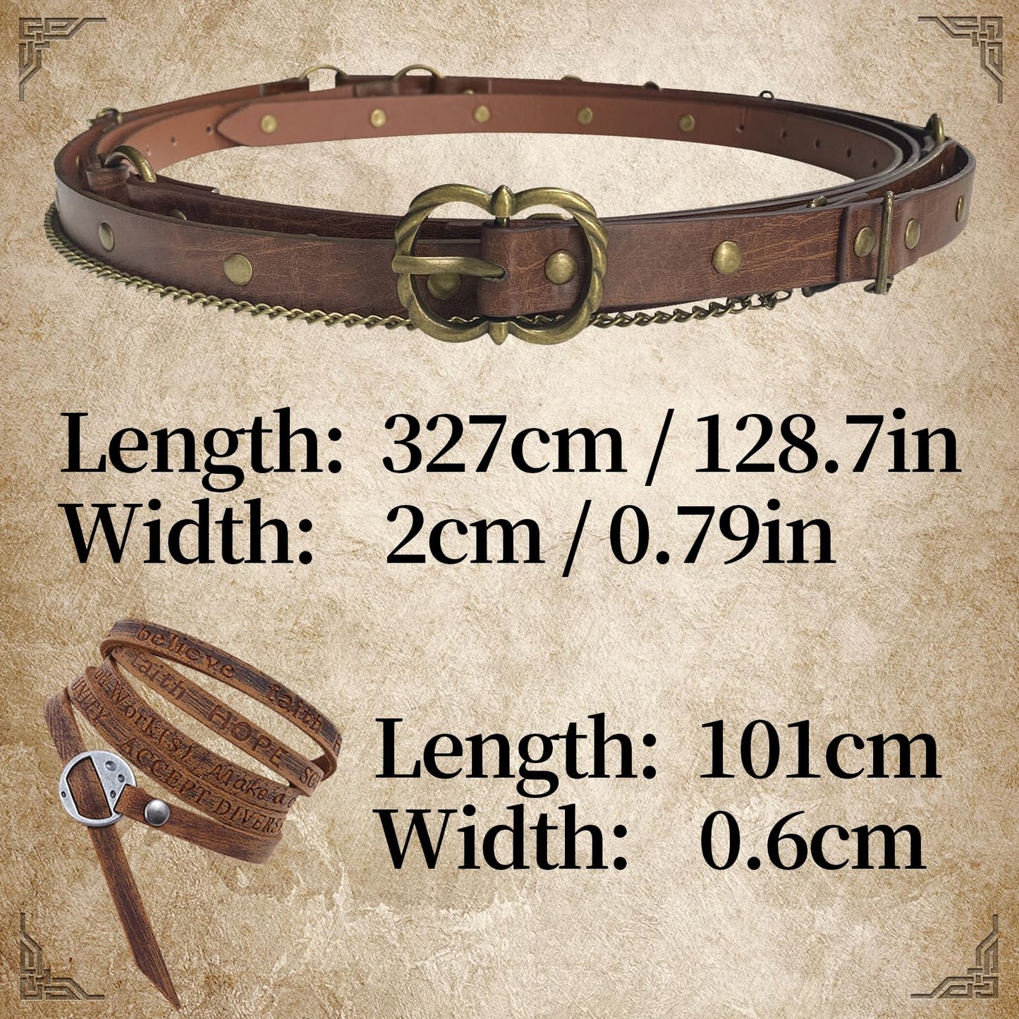EpicCos Medieval Ren Faire DIY Belt Wrap Bracelet, Renaissance Leather Vintage Chain Belt for LARP Cosplay, Boho (Brown B)