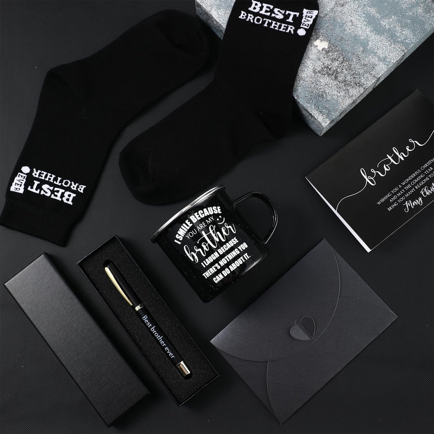 ReliThick 6 Pcs Brother Gifts from Sister Included I Smile Because You're My Brother 12 oz Enamel Mug Socks Ballpoint Pen with Pen Box Greeting Card Birthday Thanksgiving Friends Gifts