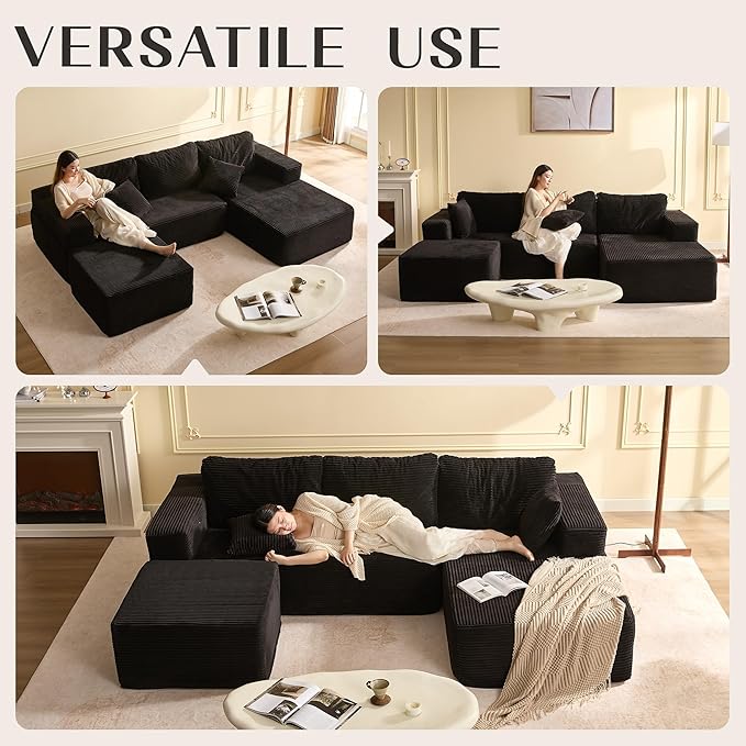 Afuson 107" Boneless Couch with Deep Seat, Modular Sectional Sofa, Cloud Sectional Couch for Living Room, No Assembly Required, Corduroy, U-Shape 3 Seater Right, Black