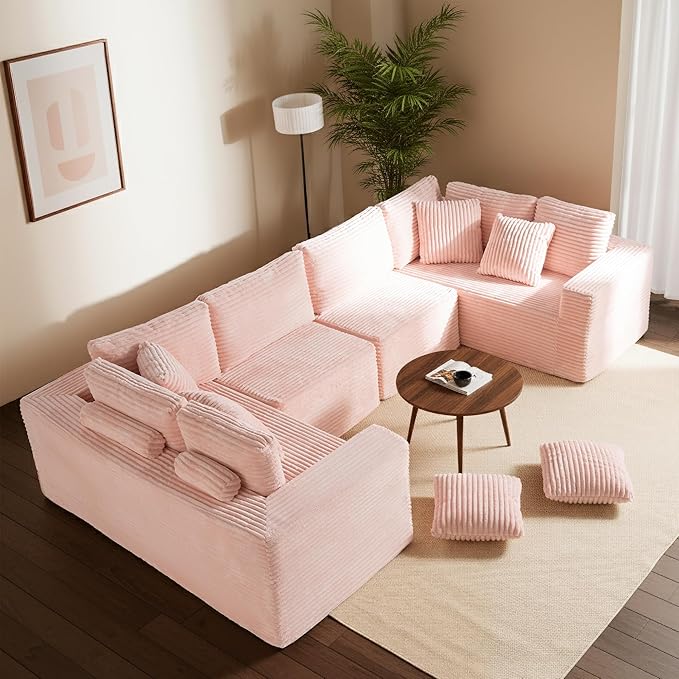 135.5" Cloud Sectional Couch,Boneless Corduroy Sofa for Living Room,Oversized U Shaped Sofa with Chaise,Deep Seat,No Assembly Required,Modular Sectional Sofa（Pink）