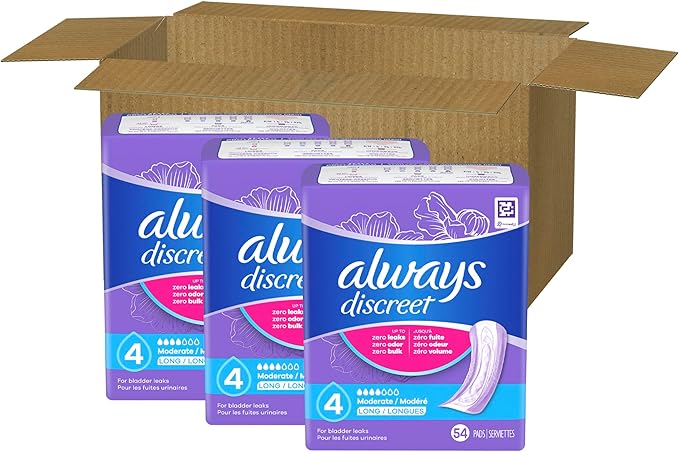 Always Discreet Adult Incontinence Pads for Women, Moderate Absorbency, Long Length, Postpartum Pads, 162 Count (3 Packs of 54)