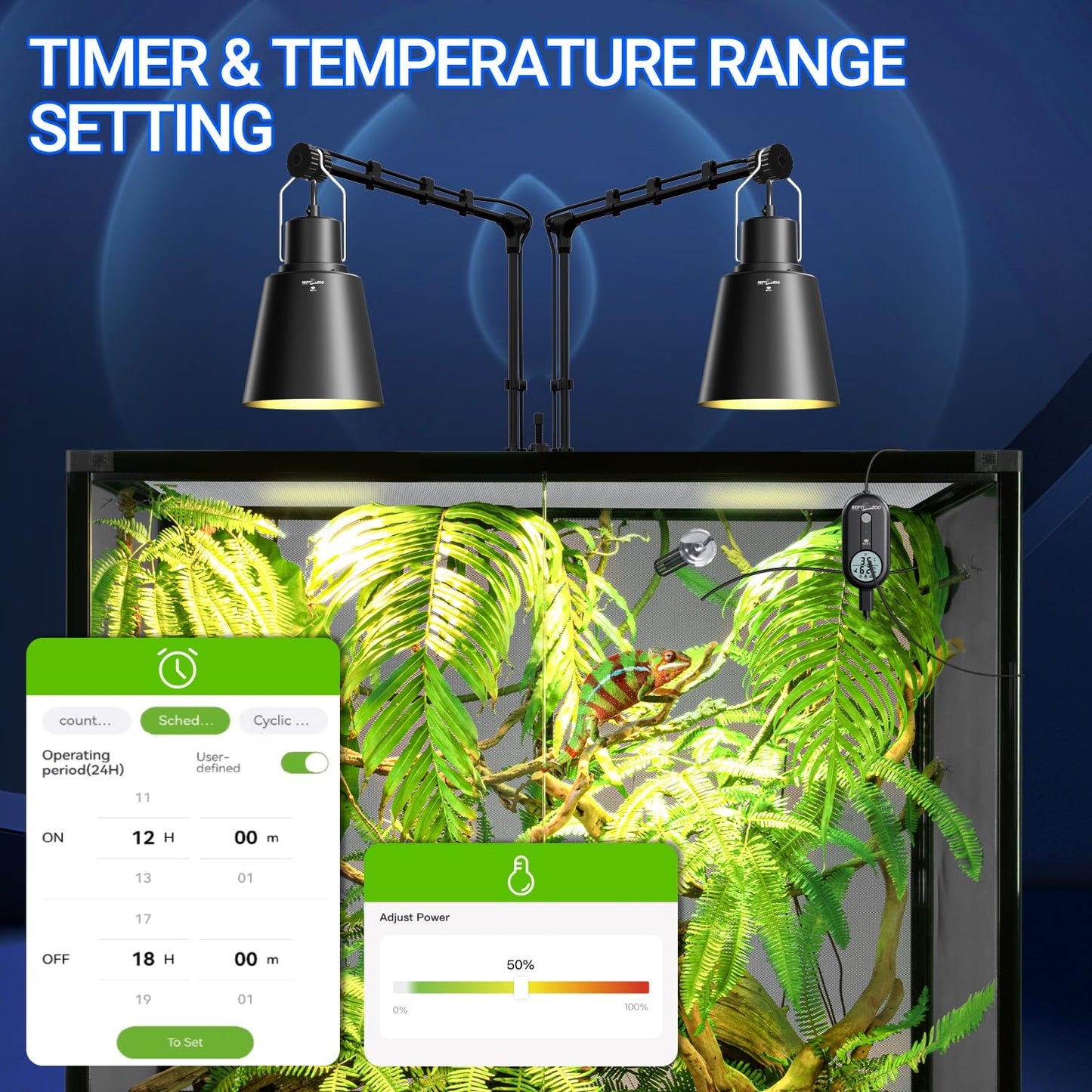 REPTI ZOO Smart WiFi Deep Dome Lamp Fixture & Thermostat Hygrostat Controller with Timing Combo, Reptile Light Fixture Reflector Cap, Day-Night Temperature & Humidity Monitor Control for Reptile Tank
