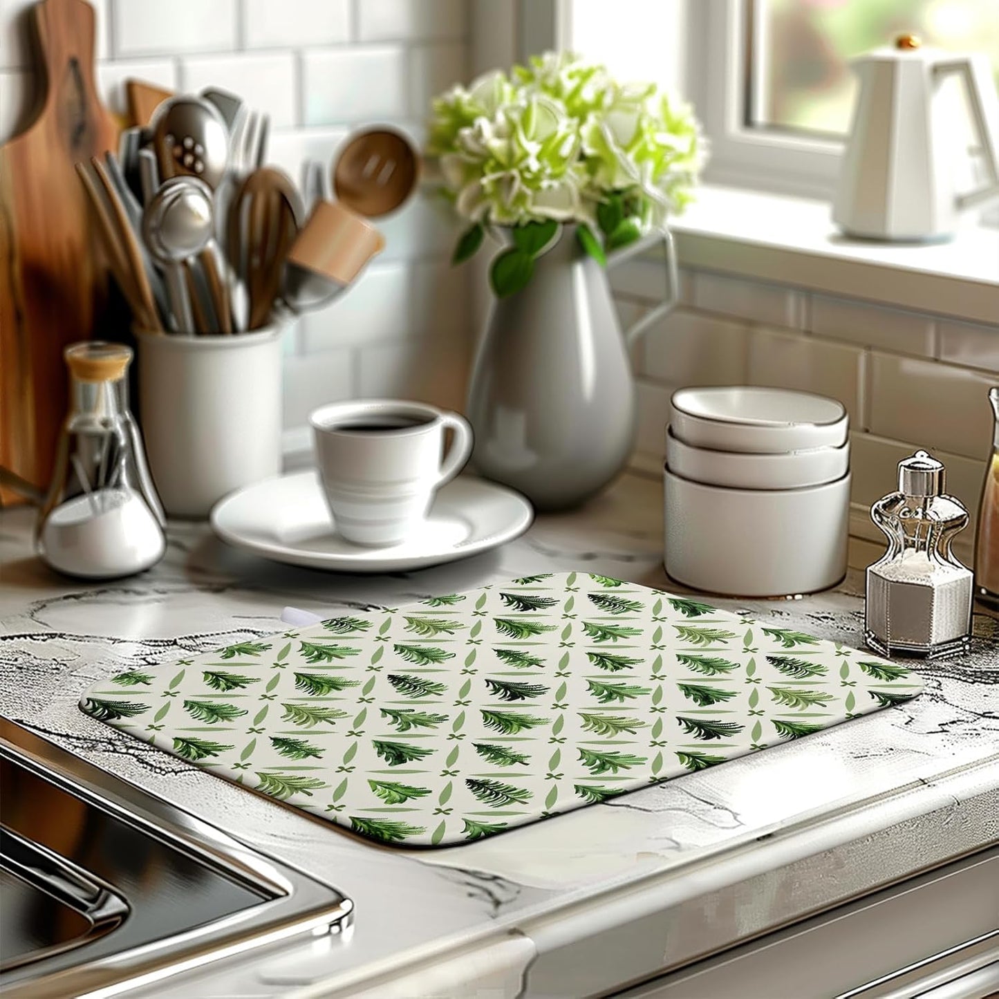 Christmas Dish Drying Mat for Kitchen Counter 16x18 Inch Sage Green Xmas Tree Drying Mats Winter Holiday Dish Drainer Pad Microfiber Absorbent Dish Draining Mat for Coffee Bar