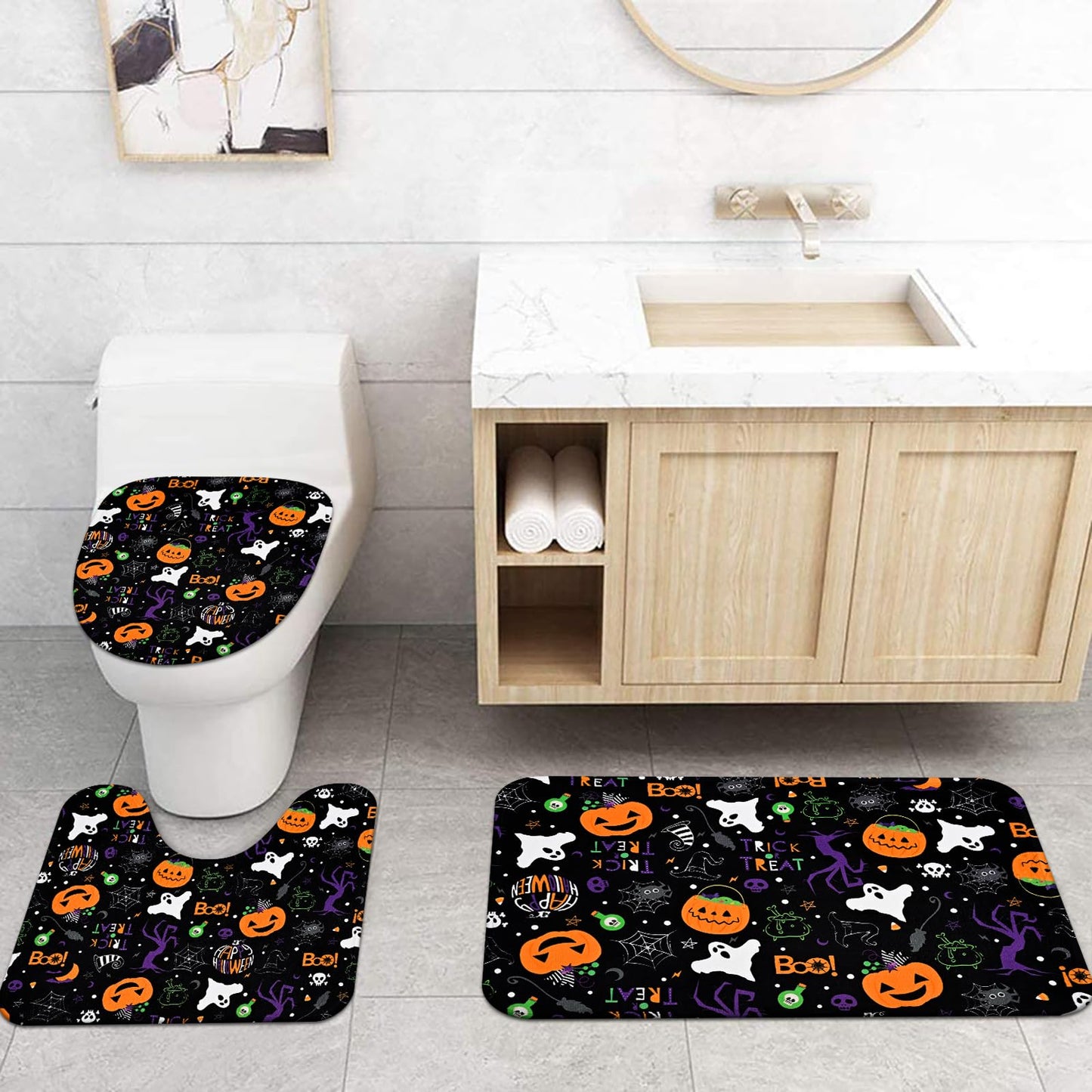 Claswcalor Halloween Pumpkin Shower Curtain Set Spooky Ghost Bathroom Sets with Shower Curtain and Rugs Spider Web Witch Shower Curtain with 12 Hooks, Moon Shower Curtains for Bathroom Decor