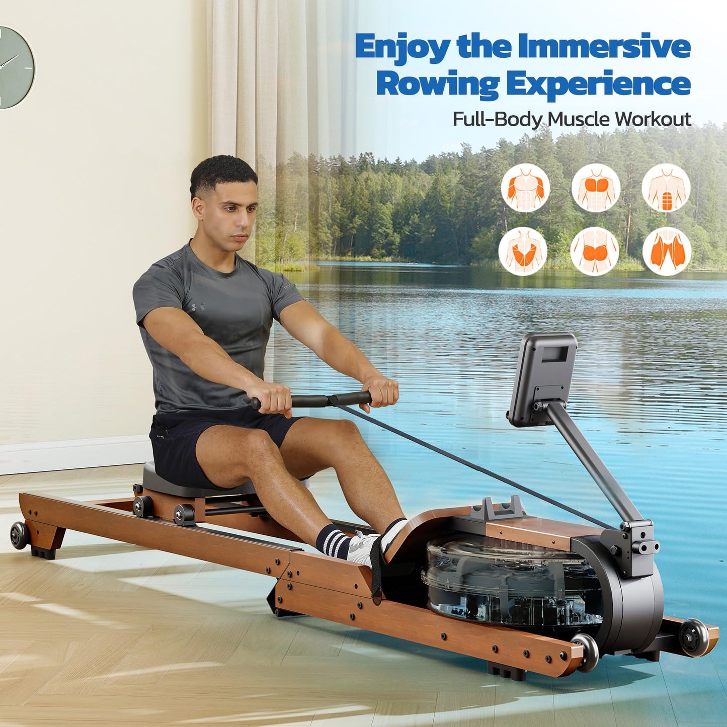 Dripex Water Rowing Machines for Home Use, Foldable Row Machine with 400LBS Weight Capacity, Rower Machine with Dedicated LCD Monitor, Comfortable Seat, Bluetooth App Compatible for Home Gym Exercise
