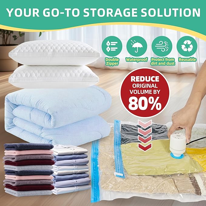 Vacuum Storage Bags with Electric Pump, Vacuum Seal Space Saver Bag for Clothes, Clothing, Blanket Bedding Comforters,Combo 12 Pack