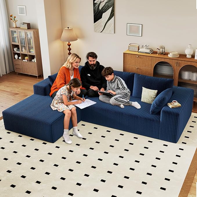96" Cloud Sectional Couch with L-Shape Chaise, Modern Corduroy Boneless Couch for Living Room,Memory Foam Sofa with Deep Seat,No Assembly Required (Blue,Left-Facing Chaise)