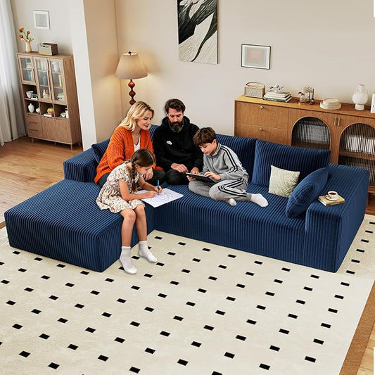 96" Cloud Sectional Couch with L-Shape Chaise, Modern Corduroy Boneless Couch for Living Room,Memory Foam Sofa with Deep Seat,No Assembly Required (Blue,Left-Facing Chaise)