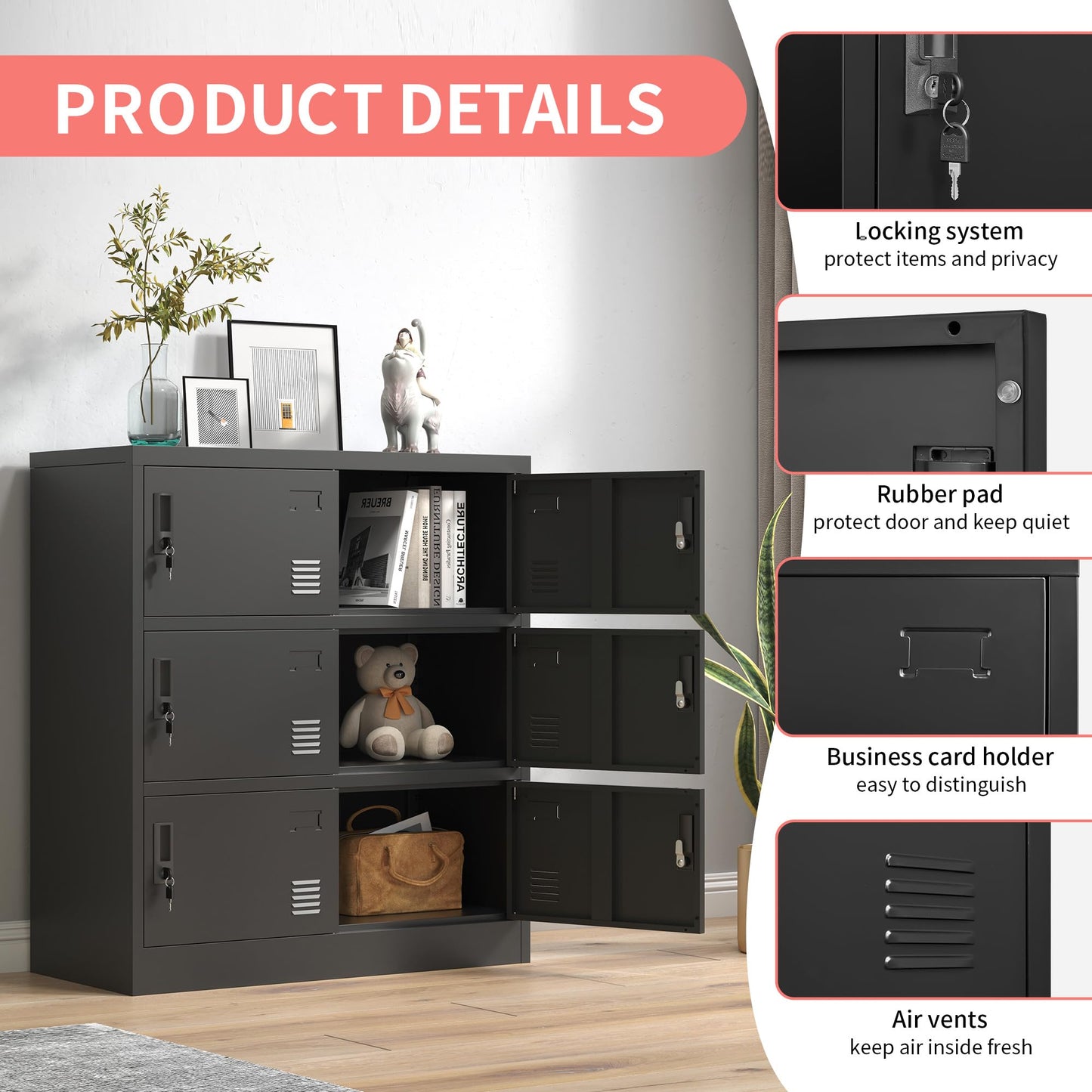 IKIMI Metal Lockers for Employees, Office Storage Locker with 6 Doors, Black, 35.43" W x 15.75" D x 39.37" H, Steel Staff Locker Storage Cabinet for Gym, Home, School, Garage, Assembly Required