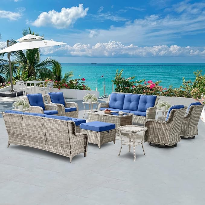 Belord Wicker Patio Furniture Sets - 13 Piece Outdoor Rattan Furniture Conversation Sets with 4 Swivel Rocker Chairs, 2 Rattan Sofas, Wicker Ottomans and Coffee Table, Light Grey/Blue