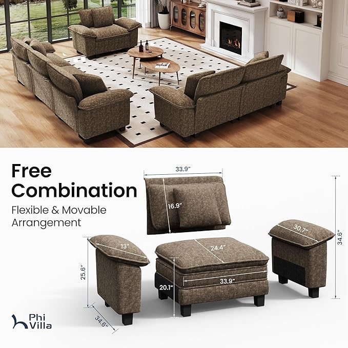 PHI VILLA Cloud Modular Couches Sets, 3 Pieces Large Sectional Sofa Set with Loveseats & Single Sofa, 6-Seater Upholstered Couch for Living Room, Chenille Fabric, Taupe