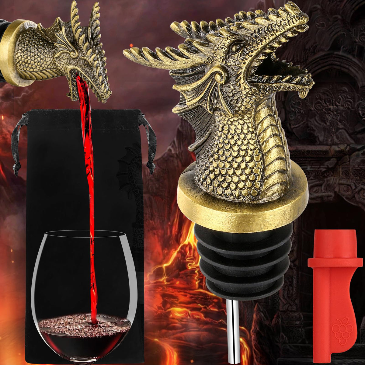 LKKCHER Dragon Head Liquor Pourers Spout for Alcohol Spirits, Dragon Gifts 2-In-1 Wine Bottle Pourer and Stopper for Men Women, Wine Accessories Gifts, Bronze with Bag
