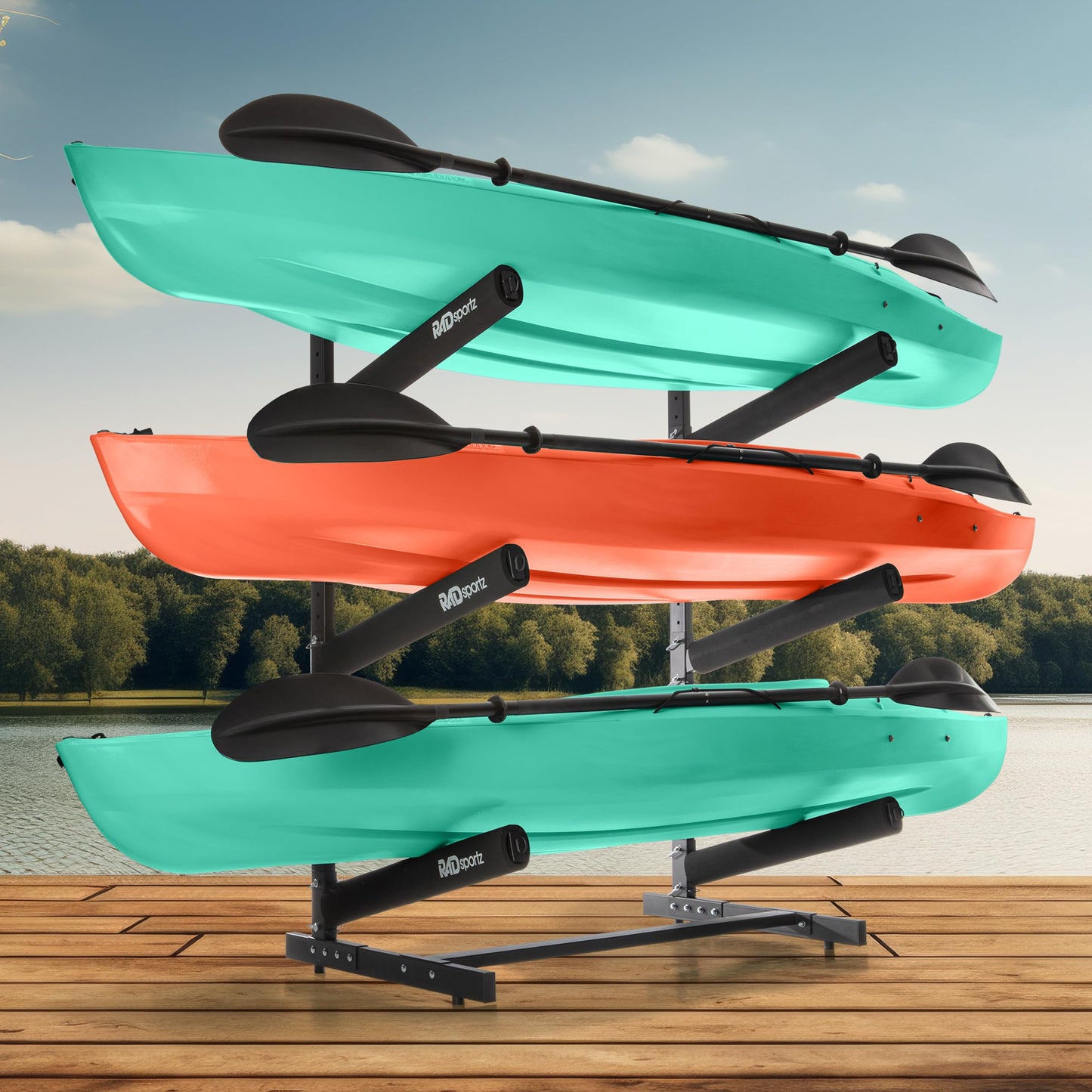 Rad Sportz Kayak Storage Rack - 3-Level Freestanding Adjustable Stand with Padded Arms and 300lb Capacity for Canoes, SUP, or Paddleboards (Black)