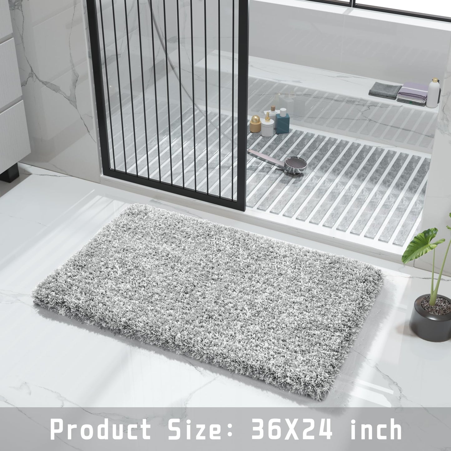 Yimobra Bathroom Rugs Non Slip Washable 36x24, Ultra Soft and Water Absorbent Bath Mats, Plush Fluffy Shower Mat Outside, Luxury Microfiber Thick Matts for Bathroom Floor/Tub, Light Gray and White