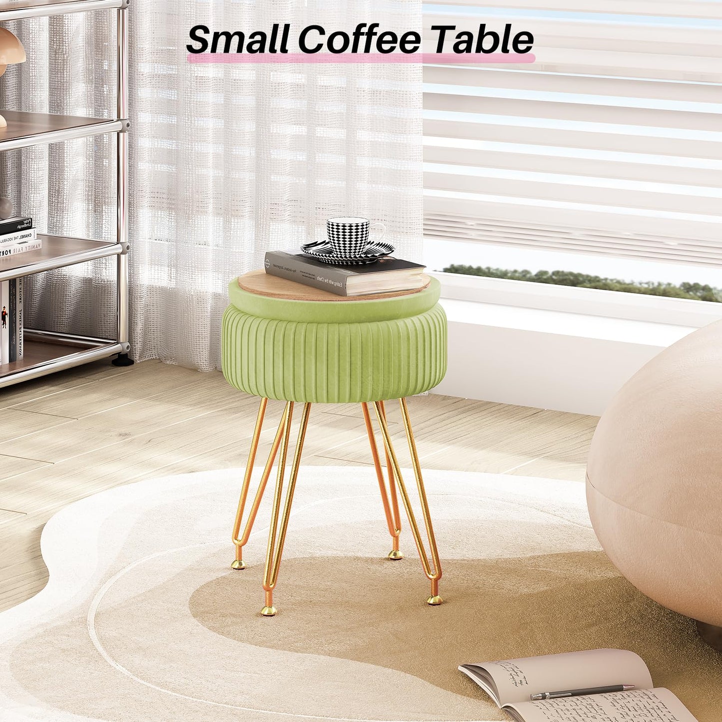 Redlife Vanity Stool with Storage, Round Makeup Vanity Stool with 4 Gold Legs Small Velvet Make Up Chair Multifunctional Storage Ottoman Stools for Makeup Room Bedroom (Light Green)