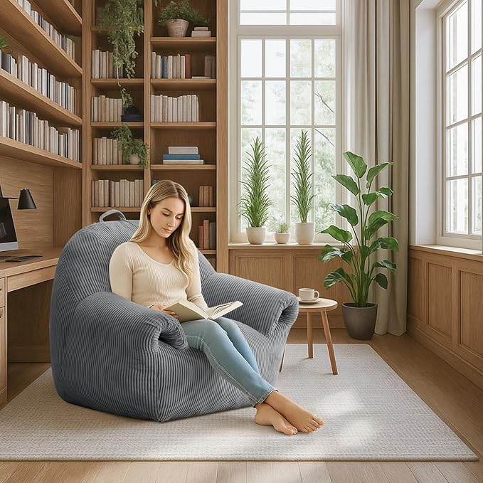 Peace nest Bean Bag Chair with Memory Foam Filled Ultra Soft Corduroy Cover for Adults Comfy Fur Bean Bag Chairs with Armrests for Bedroom Living Room Office Dorm Reading Grey