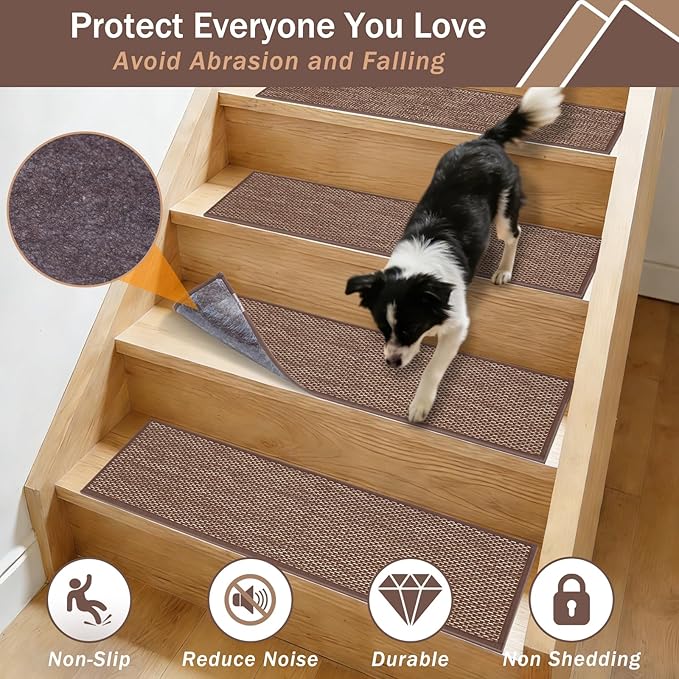 Natural Linen Non Slip Stair Treads, 15 Pack 8" X 30" Carpet Stair Treads with Reusable TPE Adhesive Backing, Non Slip Stair Runner Indoor for Kids Elders and Pets, Machine Washable, Brown Weave