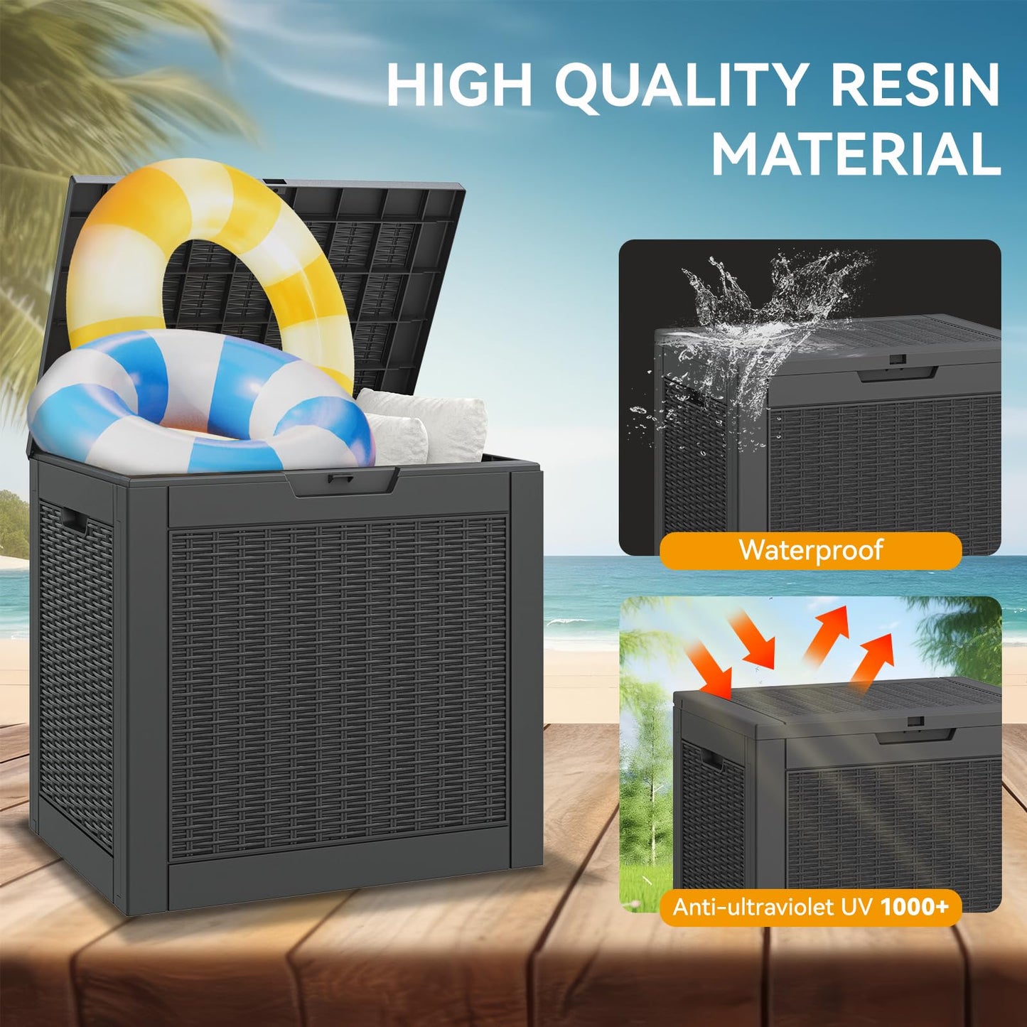 KAMABOKO 31 Gallon Outdoor Storage Box, Resin Deck Boxes Indoor and outdoor, Waterproof Storage Box Lockable Lid for Garden Tools, Package Delivery, Pool Supplies, Patio Cushions, Black