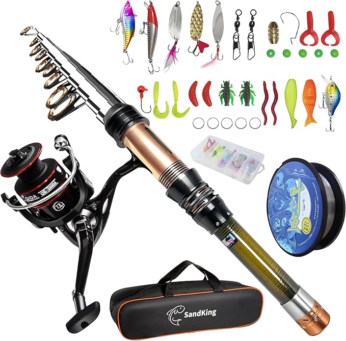 Fishing Pole Kit, Carbon Fiber Telescopic Fishing Rod and Reel Combo with Spinning Reel, Line, Bionic Bait, Hooks and Carr...