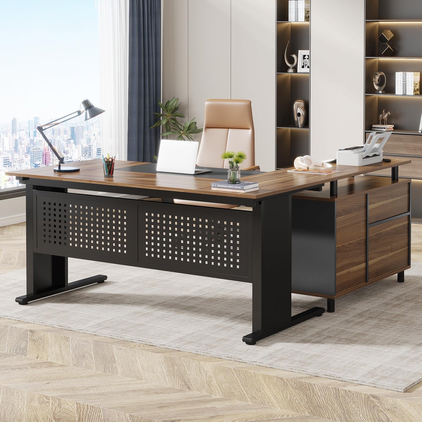 LITTLE TREE Large Computer Desk with File Cabinet, 63 Inch L Shaped Executive Office Desk with Drawers and Storage Shelves, Business Furniture Workstation for Home Office