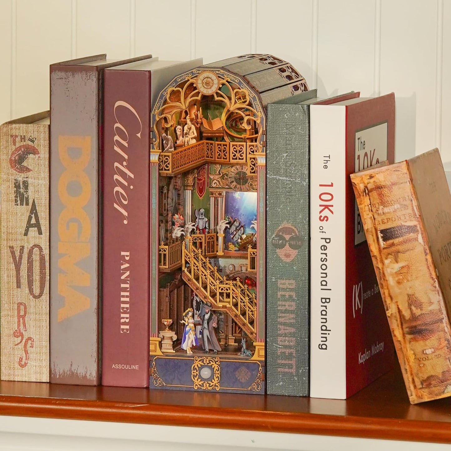 Tonecheer DIY Book Nook Kit for Adults, 3D Wooden Puzzle Bookend Miniature House Kit, Booknook Bookshelf Insert Decor with Dust Cover and LED Lights Gifts (Spacetime Museum)