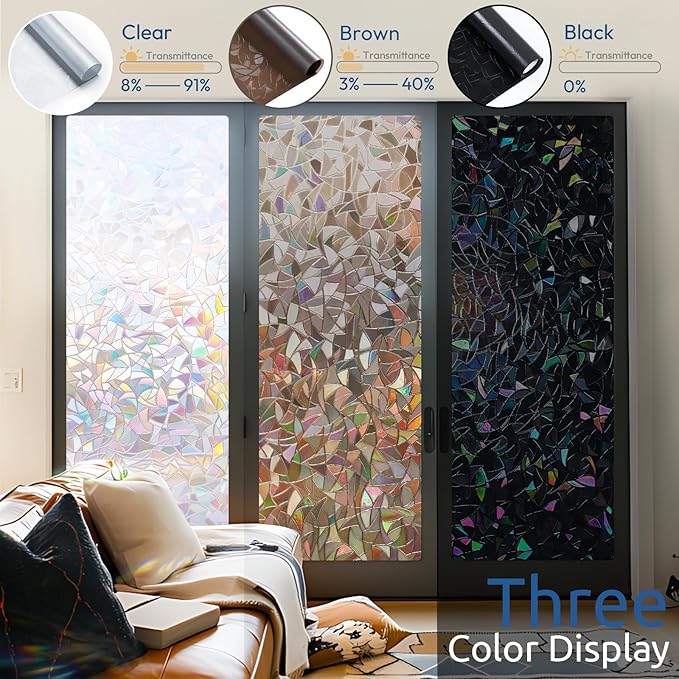 rabbitgoo Window Privacy Film Rainbow Film Decorative Window Sticker, 3D Static Stained Glass Cling Tint for Home Heat Control Non-Adhesive, Brown, 17.5 x 118.1 inches