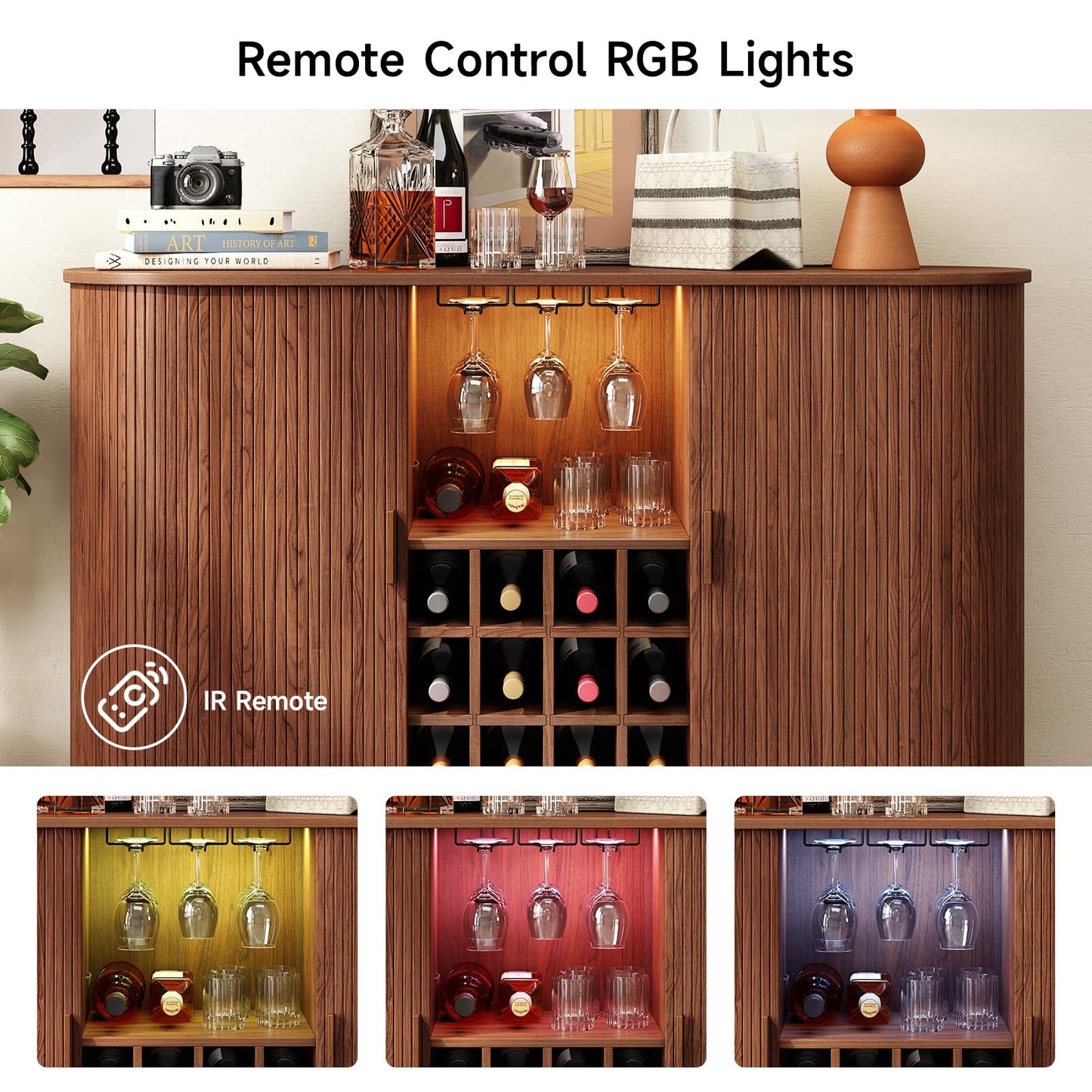 ONBRILL 55" Wine Bar Cabinet with LED Light,Modern Liquor Whiskey Coffee Station with Wine Rack and Glass Holder, Farmhouse Buffet Sideboard with Storage for Living Room, Kitchen, Entryway (Walnut)