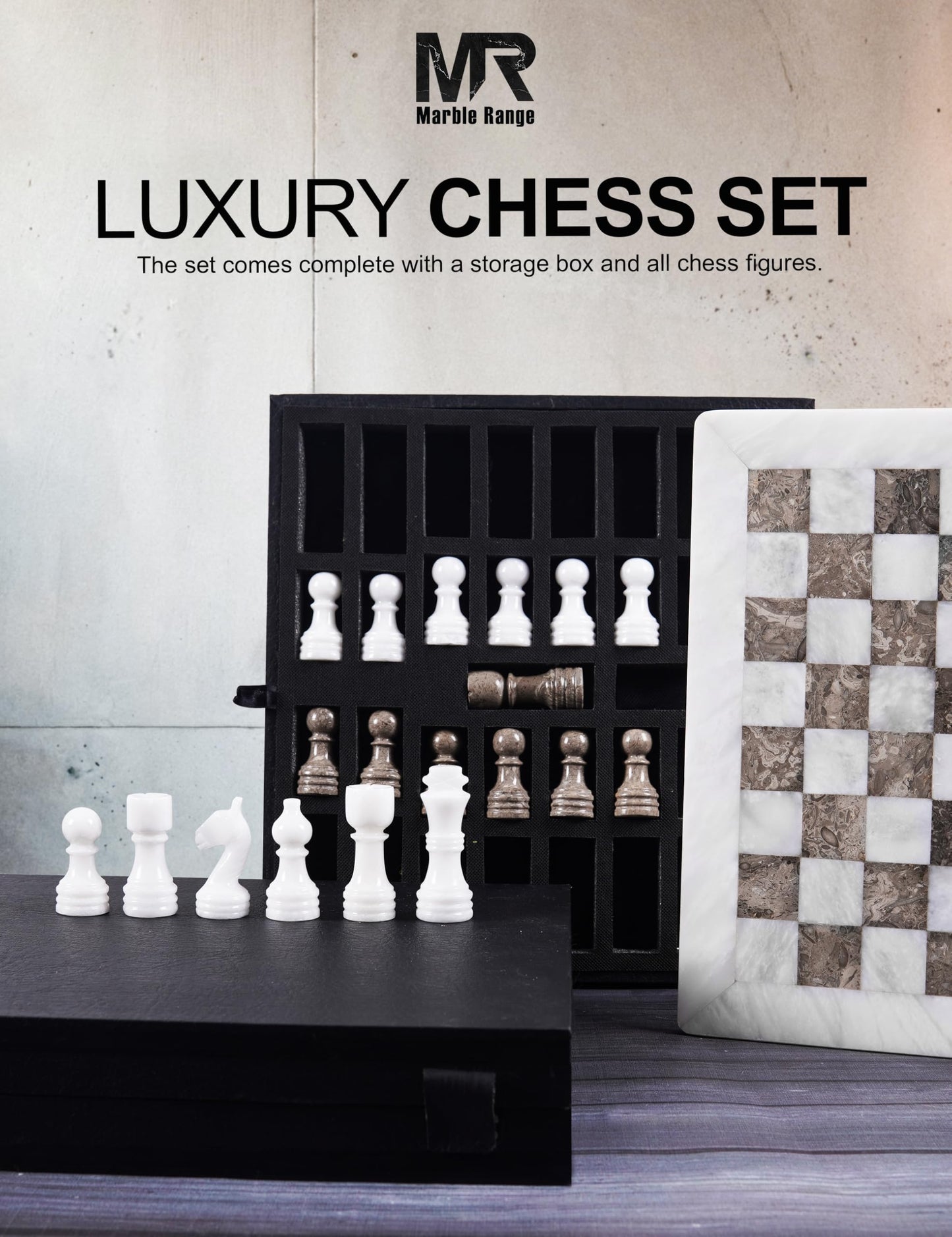 Marble Chess Set for Adults 12" Handmade White & Oceanic Board Game with 32 Chess Pieces, 2 Extra Queens & Storage Box, Luxury Travel Game, Elegant for Home Decor