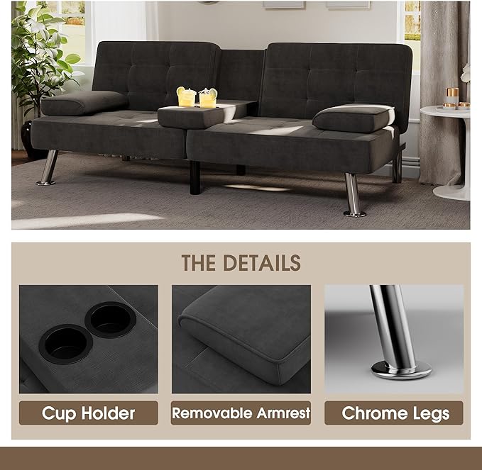 Flamaker Futon Sofa Bed Modern Folding Futon Set Linen Fabric Convertible Recliner Lounge for Living Room with 2 Cup Holders, Removable Armrests (Fabric, Black)
