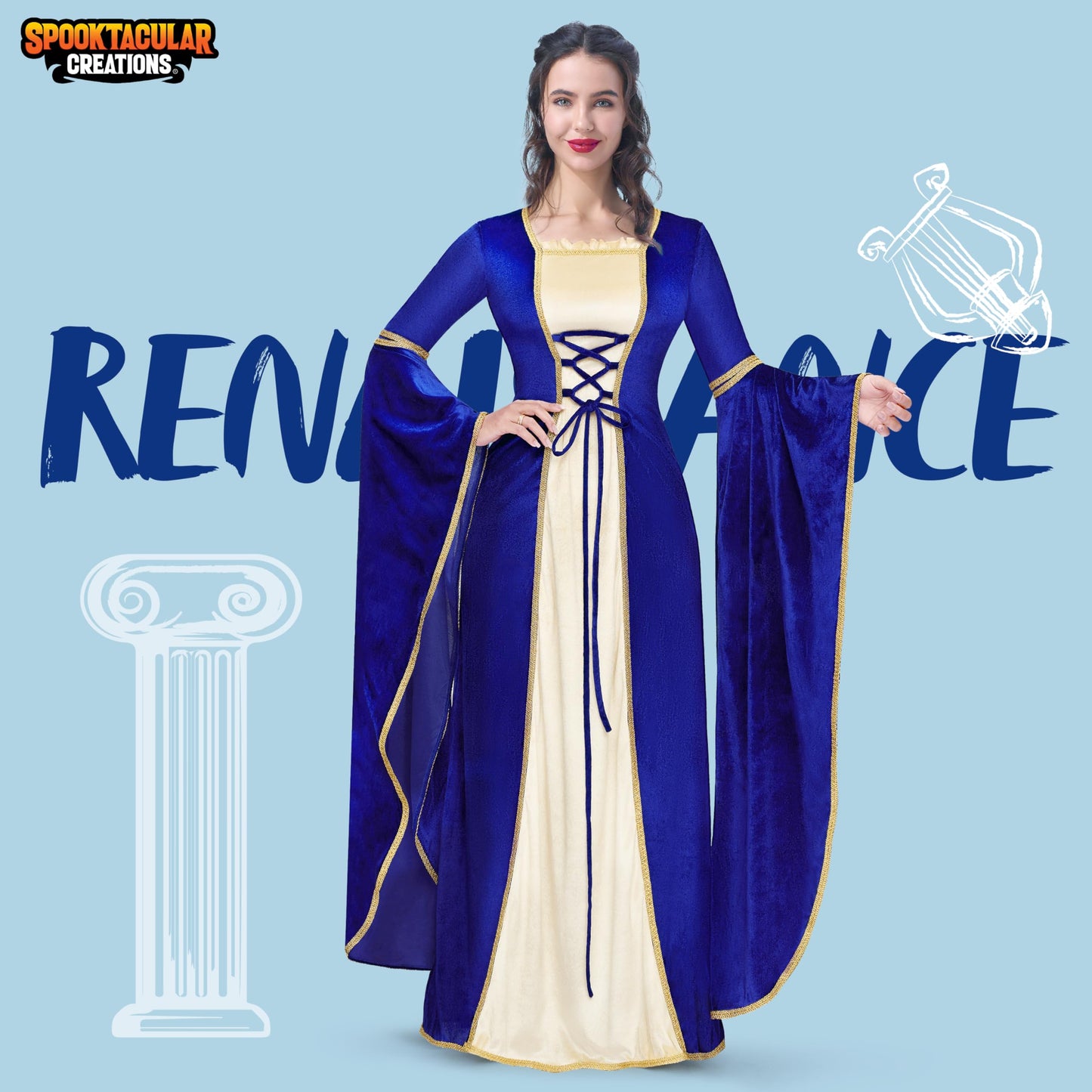 Spooktacular Creations Renaissance Costume Women, Blue Velvet Medieval Dress for Women, Irish Fairy Renaissance Dress with Decorated Lace for Wedding, Halloween Cosplay Themed Party (X-Large)