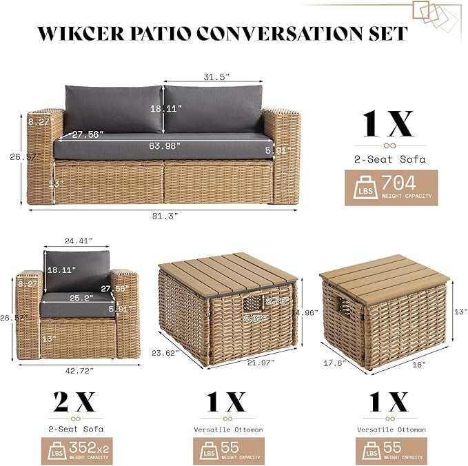 AMERLIFE 6-Piece Patio Sofa Set with Convertible Coffee Table - 8.3" Wide Armrests, UV-Resistant PE Rattan Outdoor Conversation Set for Balcony/Poolside, Waterproof Grey Cushions, Heavy-Duty Wicker