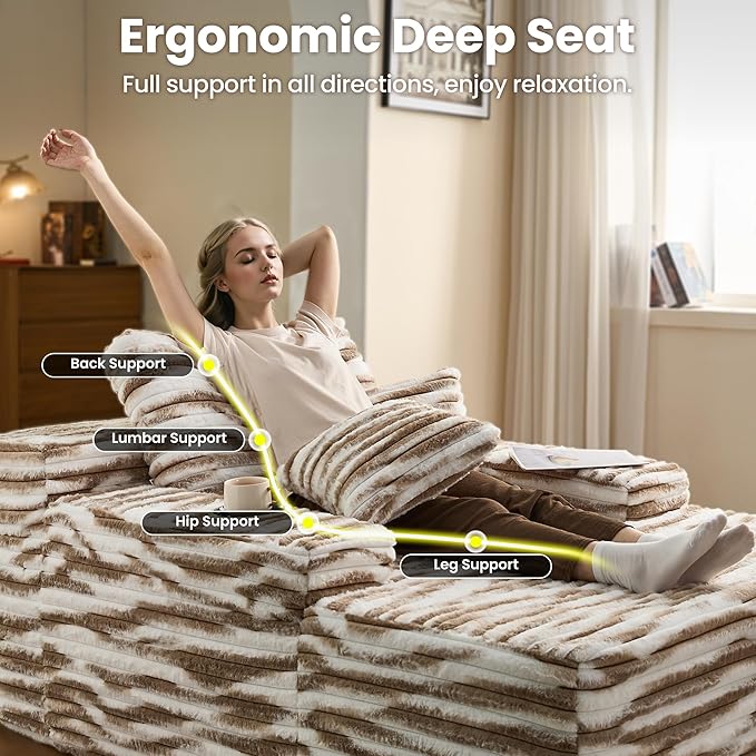 ovios 67'' Chaise Lounge Chair Indoor, Oversized Upholstered Sofa Bed, Sleeper Couch Reading Chairs Fluffy Plush Faux Fur Cloud Sofas Couches for Living Room, Brown Zebra Print